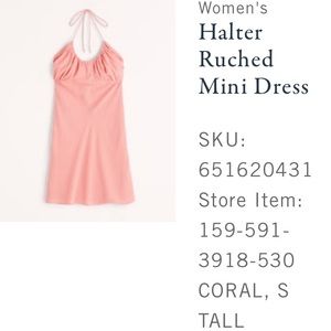 Abercrombie & Fitch women’s ruched halter dress, size S-tall, coral color